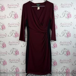 Ralph Lauren dress draped detail Burgundy and Black Long Sleeve Dress v neck